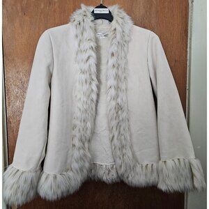 White House Black Market Ivory Suede and Faux Snow Leopard Fur Coat